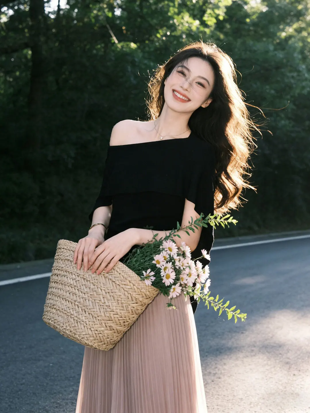 

Korean Style Gentle High-End Sensation Asymmetrical Shoulder Top And Skirt Two-Piece Set Elegant And Proper Summer Outfit