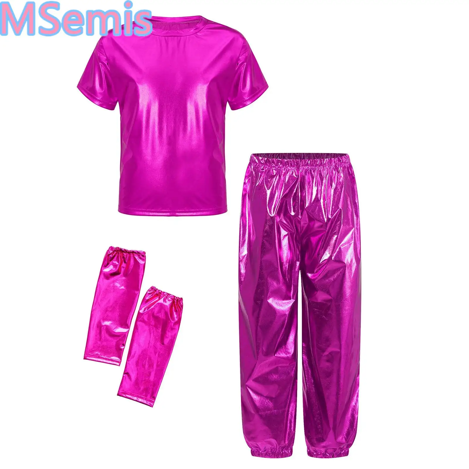 

Unisex Boys Girls Jazz Dance Outfits Short Sleeve Metallic Shiny T-shirt with Pants And Gloves for Hip-hop Performance Dancewear