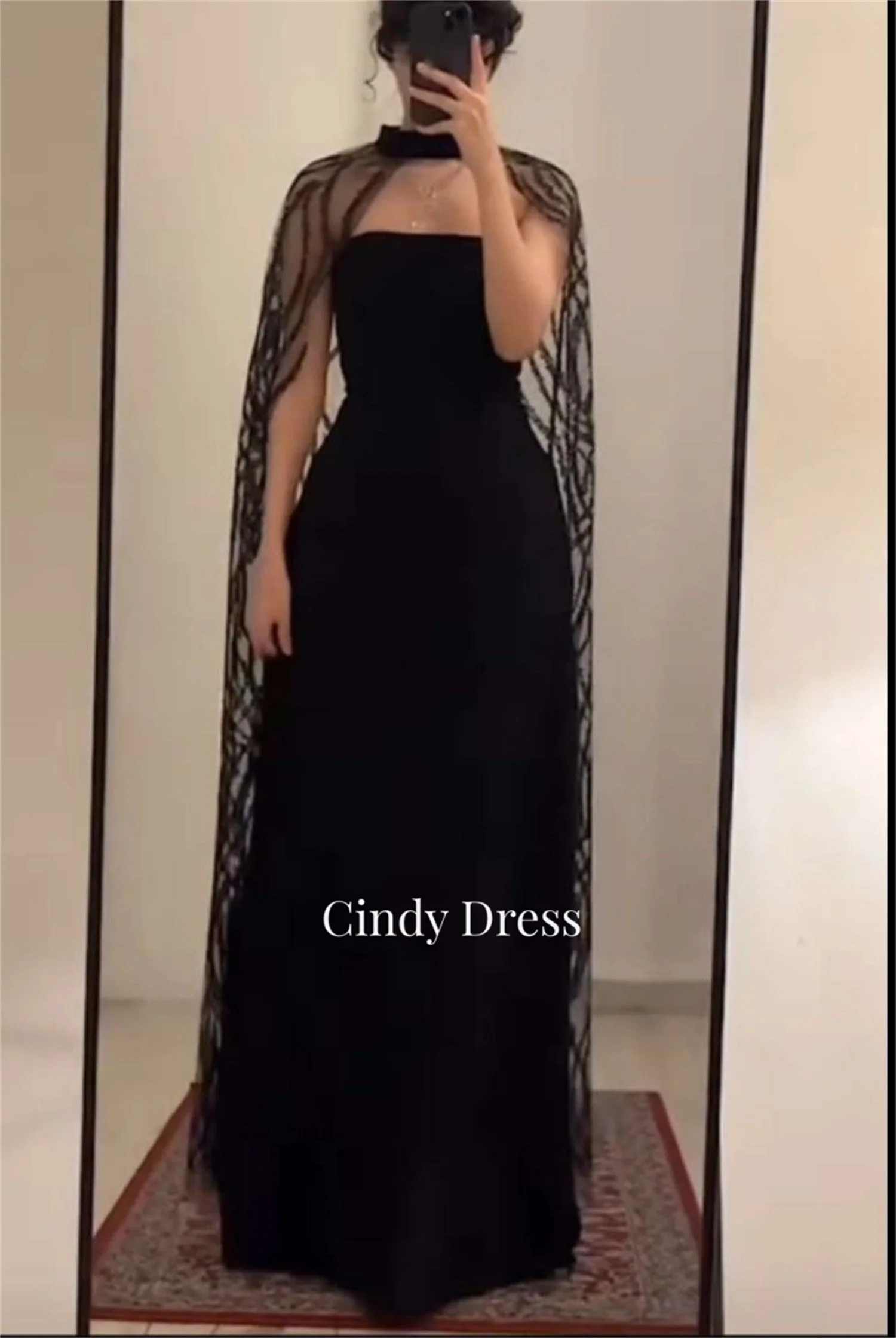 Cindy Saudi Arabia Black A-line Shawl Evening Dresses on Offer Clearance Royal Engagement Dress Customized