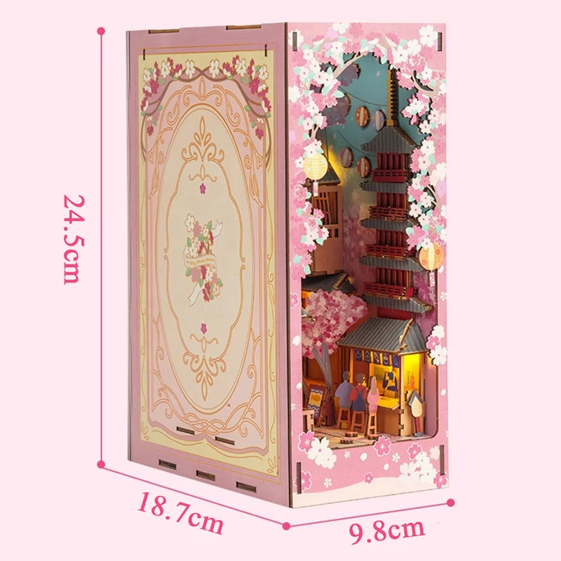 De madeira Miniatura Livro Nook Modelo Kit, DIY Flores De Cereja Bookend Montado, 3D Puzzle Estante, Home Decor, Adultos Presentes De Natal, Novo