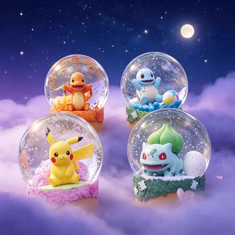 本物のポケモンシーズンクリスタルスノーグローブ、アニメフィギュア、卓上装飾品、ホリデーシーズンのコレクションギフト。