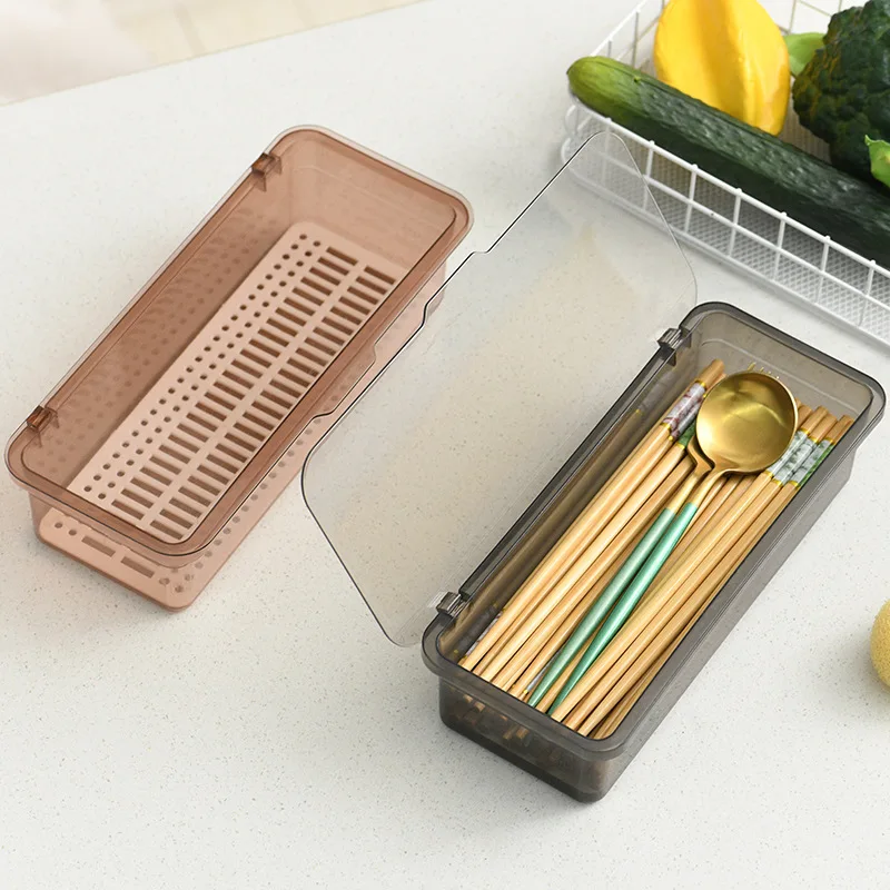 Cutlery Organiser Box With Lid And Drainer For Kitchen Tableware_voghion.com