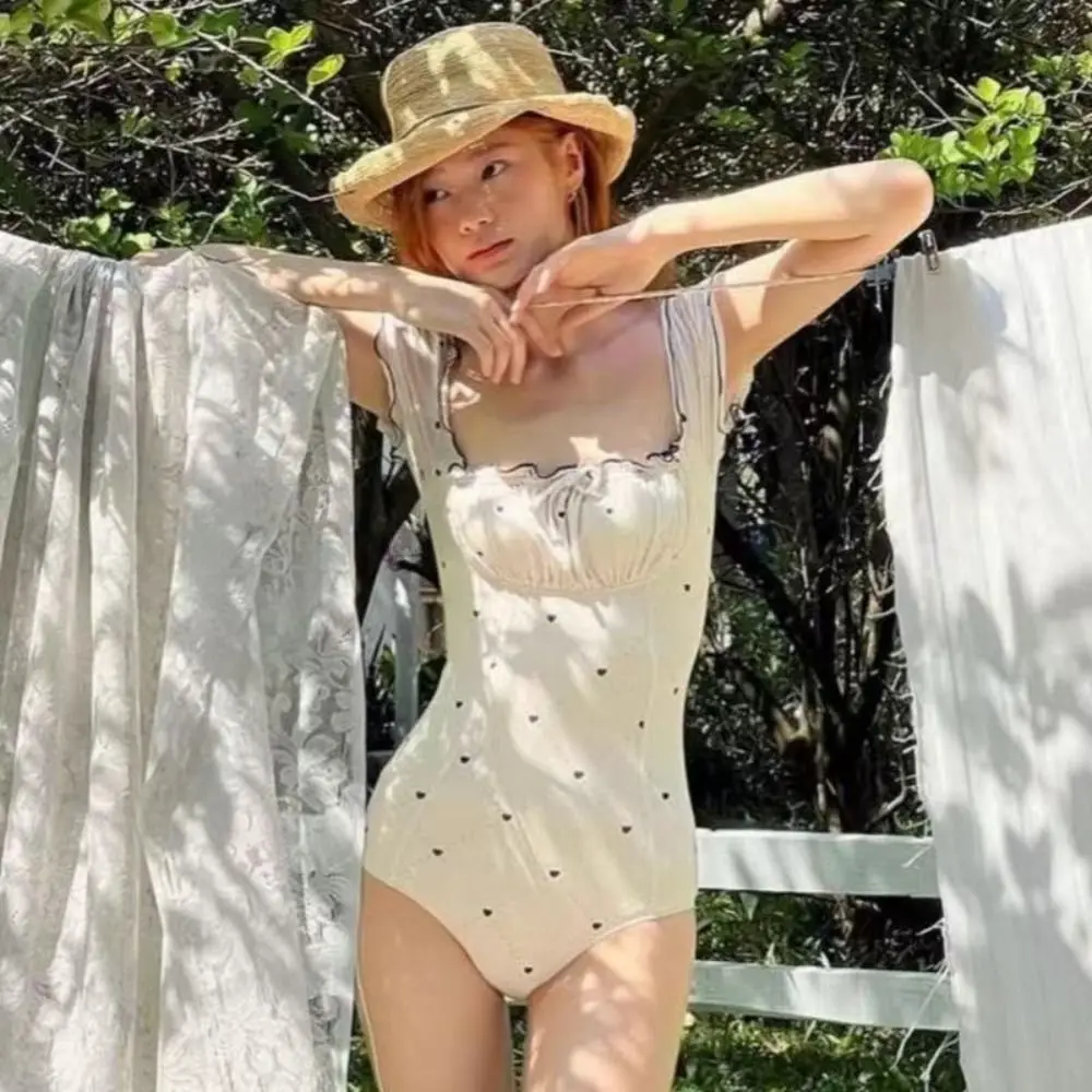 

Cute Ruffled Printed Swimming Suit Dot Pattern Heart Print Bathing Suit Padded Drawstring Beach Wear Swimming