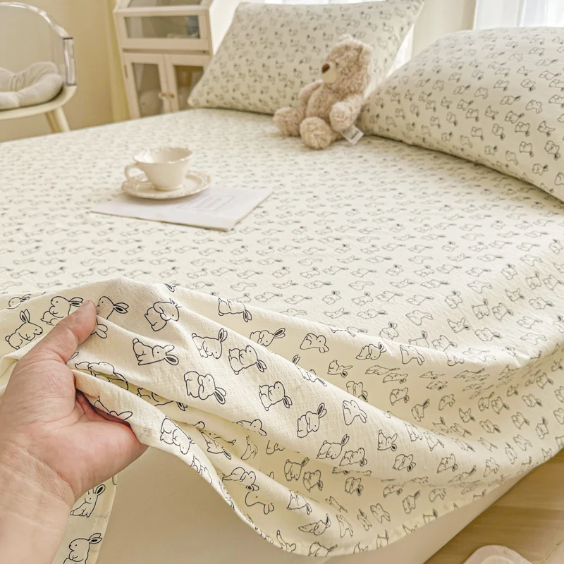 Washed Cotton Bed Sheets Set Single/Queen/King Cartoon Style Flat Sheets for Kids Rabbit Printed Soft Bed Flat Sheets Double Bed