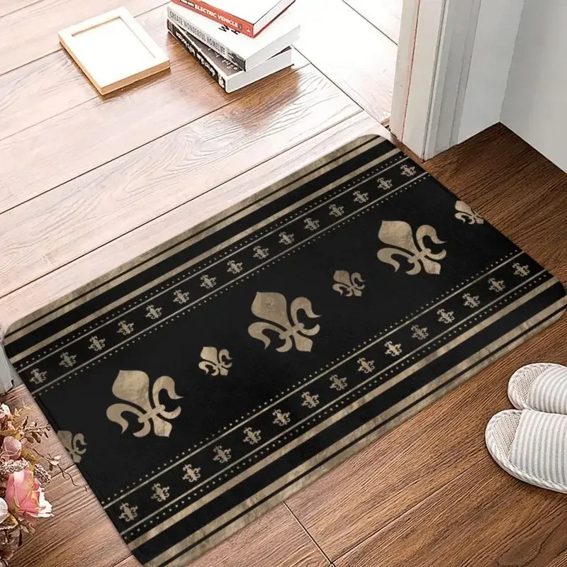 Luxury Fleur De Lis Black And Gold Front Door Mat Indoor Lily Flower Fleur-De-Lys Doormat Garden Garage Entrance Rug Carpet