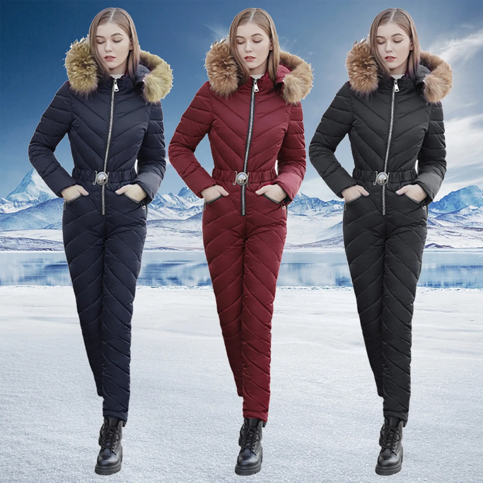 

Women's Winter Ski Jumpsuits Outdoor Sports Waterproof Snowsuit Removable Faux Wool Collar Coat Keep Warm Down Jumpsuits Women