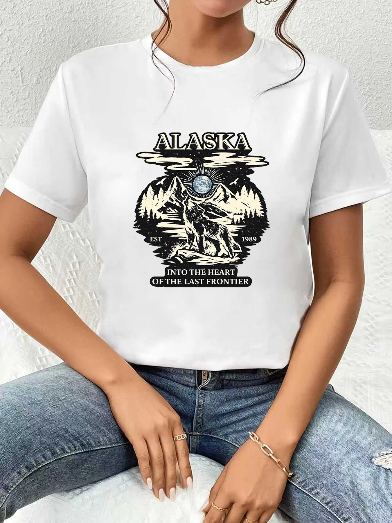 

【WDS0357】Plus size women's round neck short sleeve T-shirt with elastic half sleeves and trendy prints