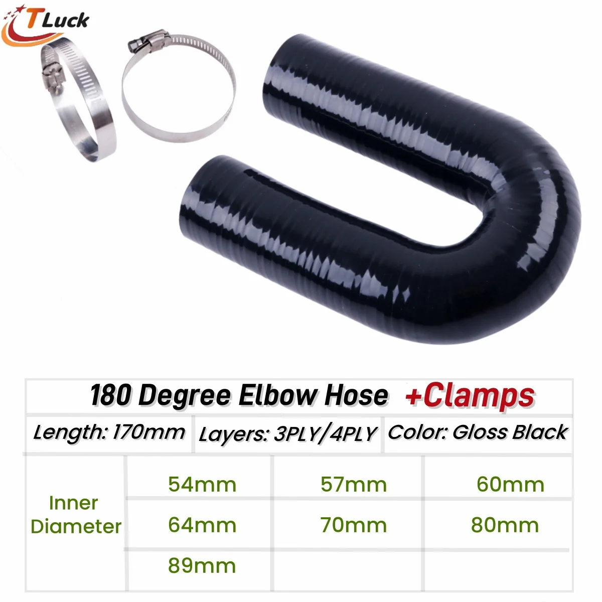 

1PC 180 degree Elbow Hose 180° Bend Silicone Coolant Pipe Connector Intercooler Tube ID 54mm 57mm 60mm 64mm 70mm 80mm 89 2Clamps