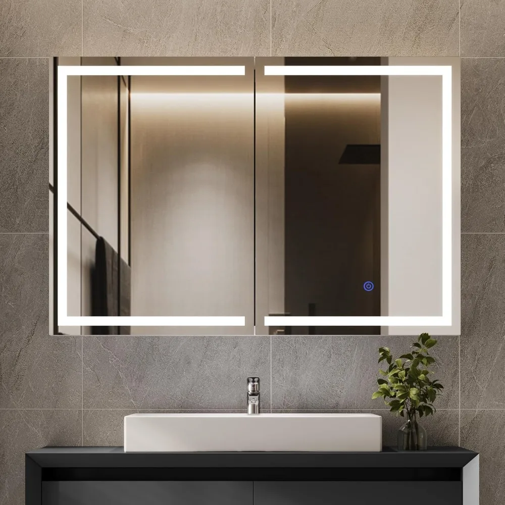 Mirror Cabinet with Storage and 2 Doors, LED Lights Wall Mounted Bathroom 31.5'' X 23.6'' Mirror Storage