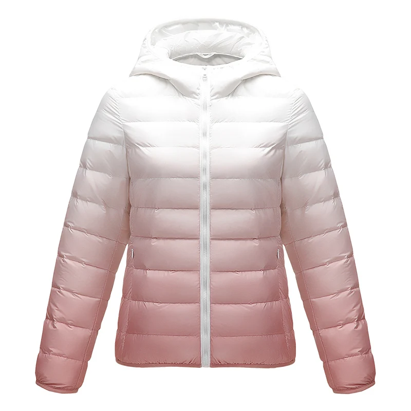 Women Gradient Designer Puffer Jackets 90% White Duck Down Jackets Female Hooded Slim Fit Ultra Lightweight Keep Warm Down Coats