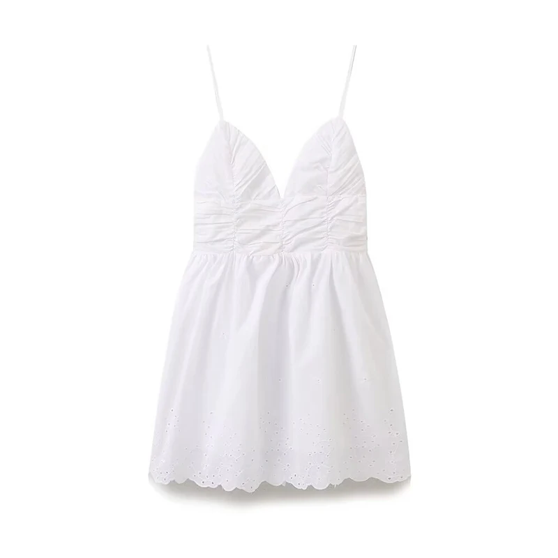 YENKYE Summer Women Sexy Backless  Embroidery White Sling Short Dress Thin Straps V Neck A-line Female Holiday Beach Vestidos