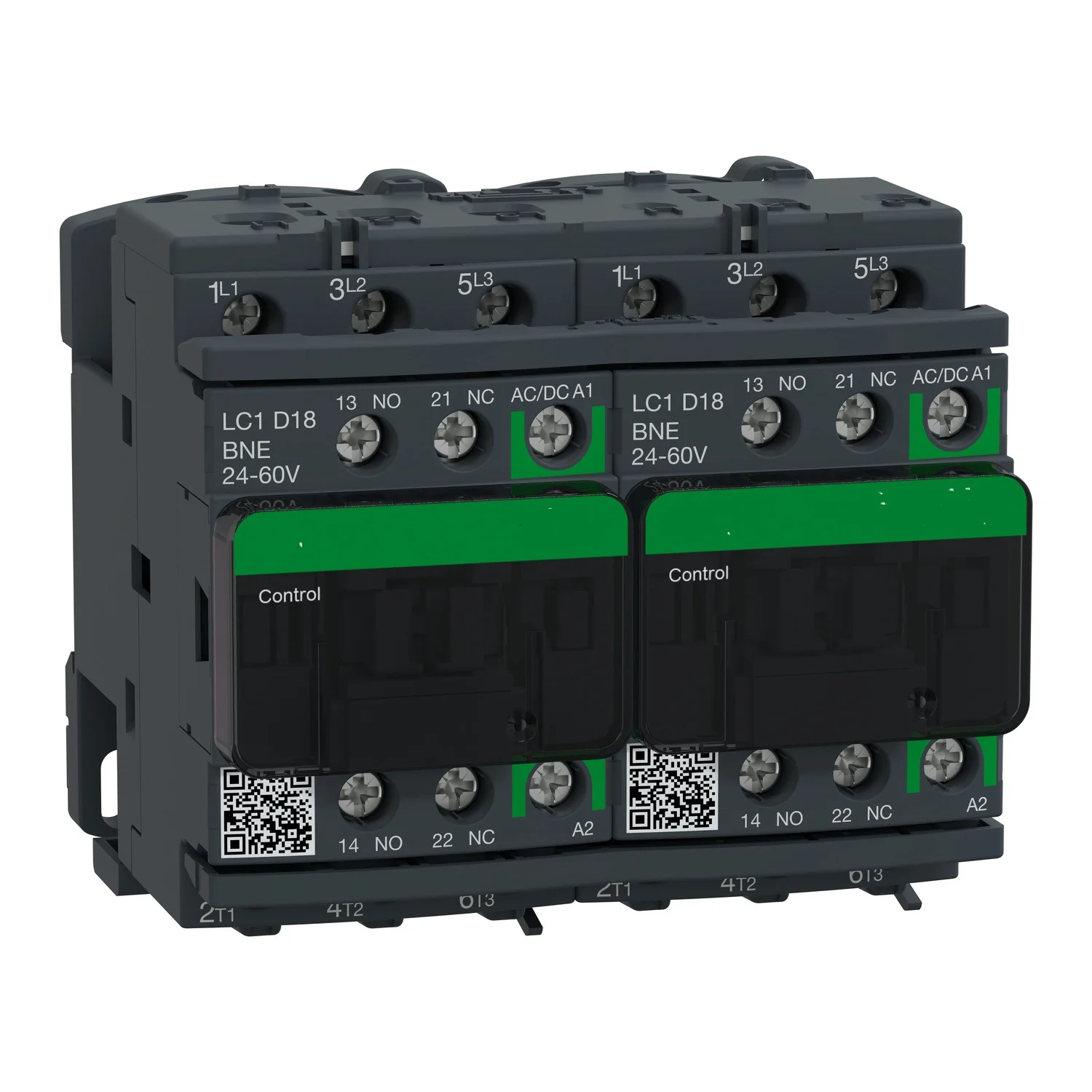 LC2D18BNE = LC1D18BNE * 2 + LAD9V2 TeSys D reversing contactor - 3P - = 440 V - 18 A AC-3 - 24...60 V AC/DC coil