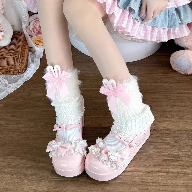 Spring Autumn Japanese Lolita Style Kawaii Knitted Leg Warmers Women Cute Bow Rabbit Ears Socks Korean Y2k Girls Sweet JK Socks