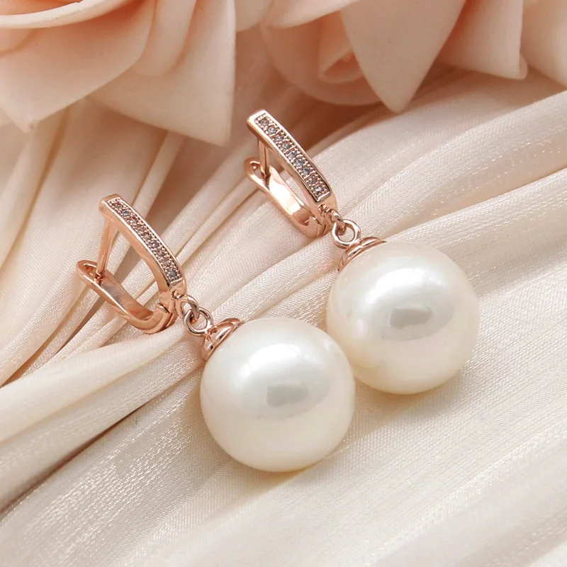 SHENJIANG New Fashion Colorful Round Red Simulated-pearl Drop Earrings For Women Wedding Elegant 585 Rose Gold Color Jewelry