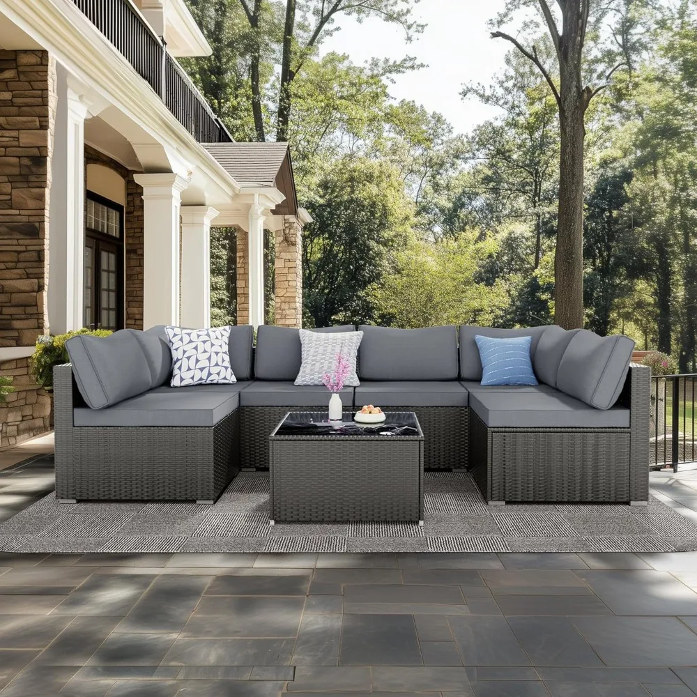 

7 Pieces Patio Furniture Set - Outdoor Sectional Wicker Rattan Furniture with Cushion and Glass Table Patio Conversation Sets f