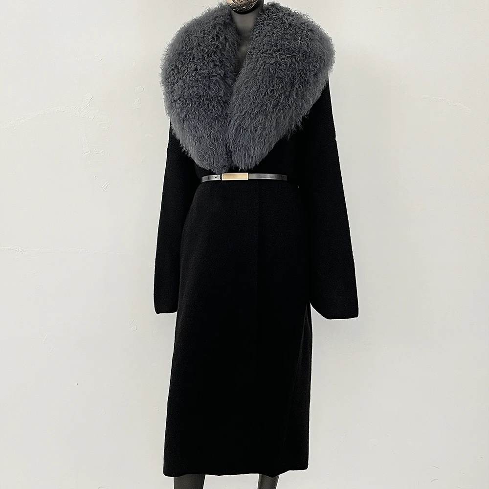 OFTBUY Cardigan Women Long Spring Lace Sweater Real Mongolia Sheep Fur Sweater Female Long Knitwear Belt Clothing Lady Fashion