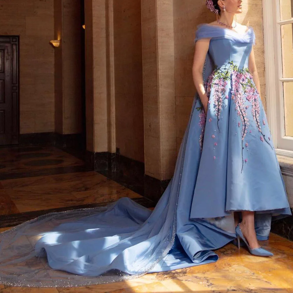 

Индивидуальные вечерние платья с открытыми плечами и высоким низким вырезом, синее асимметричное вечернее платье для встреч, накидка из бисера, платье знаменитости