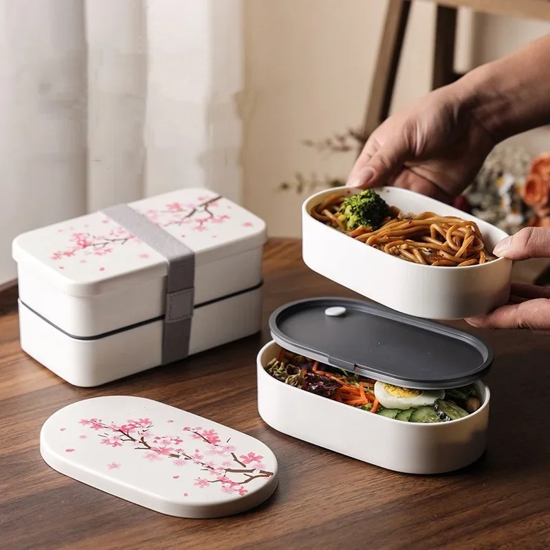 Japanese Cherry Blossom Lunch Box with Tableware Microwave Bento Boxes Soup Cup Portable Student Double-layer Lunch Food Box