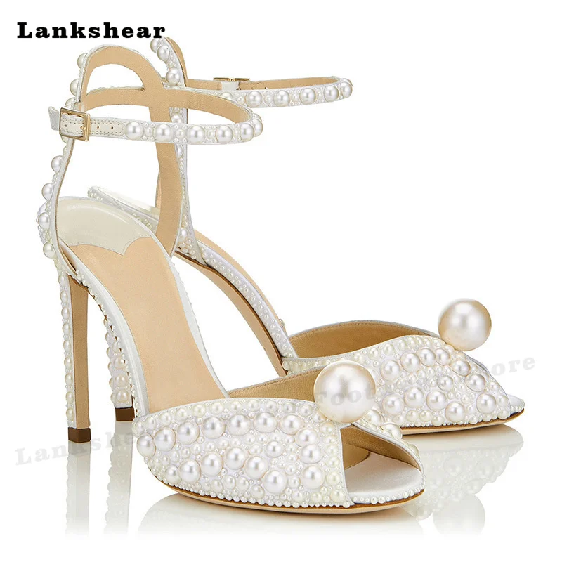 

White Silver Pearl Bling Bling Peep Toe Stiletto Sandals Wedding Shoes Banquet Shoes Sales Evening Shoes High Heel Pumps