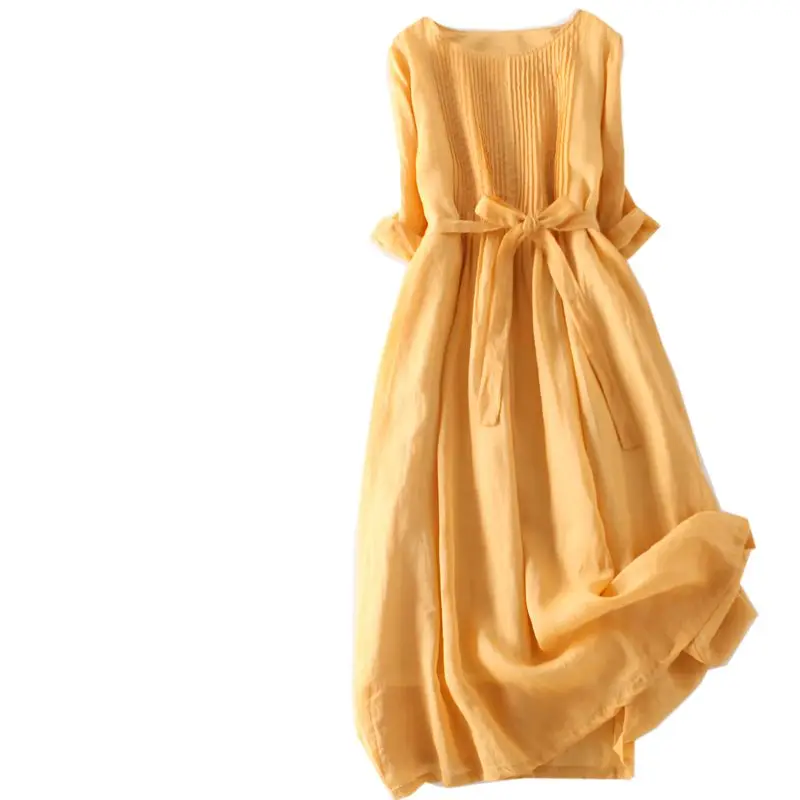 Original artistique rétro chanvre ceinturé t-shirt quart Sve Dr coréen Sle taille ample été Midi Dr couleur ronde Ne