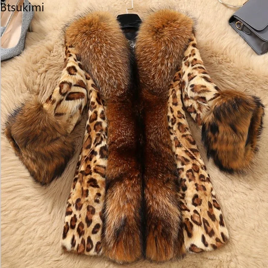 Winter Jackets Women's Artificial Fur Coats Street Fashion Leopard Pattern Plush Warm Jackets Faux Fur Middle-length Outerwear