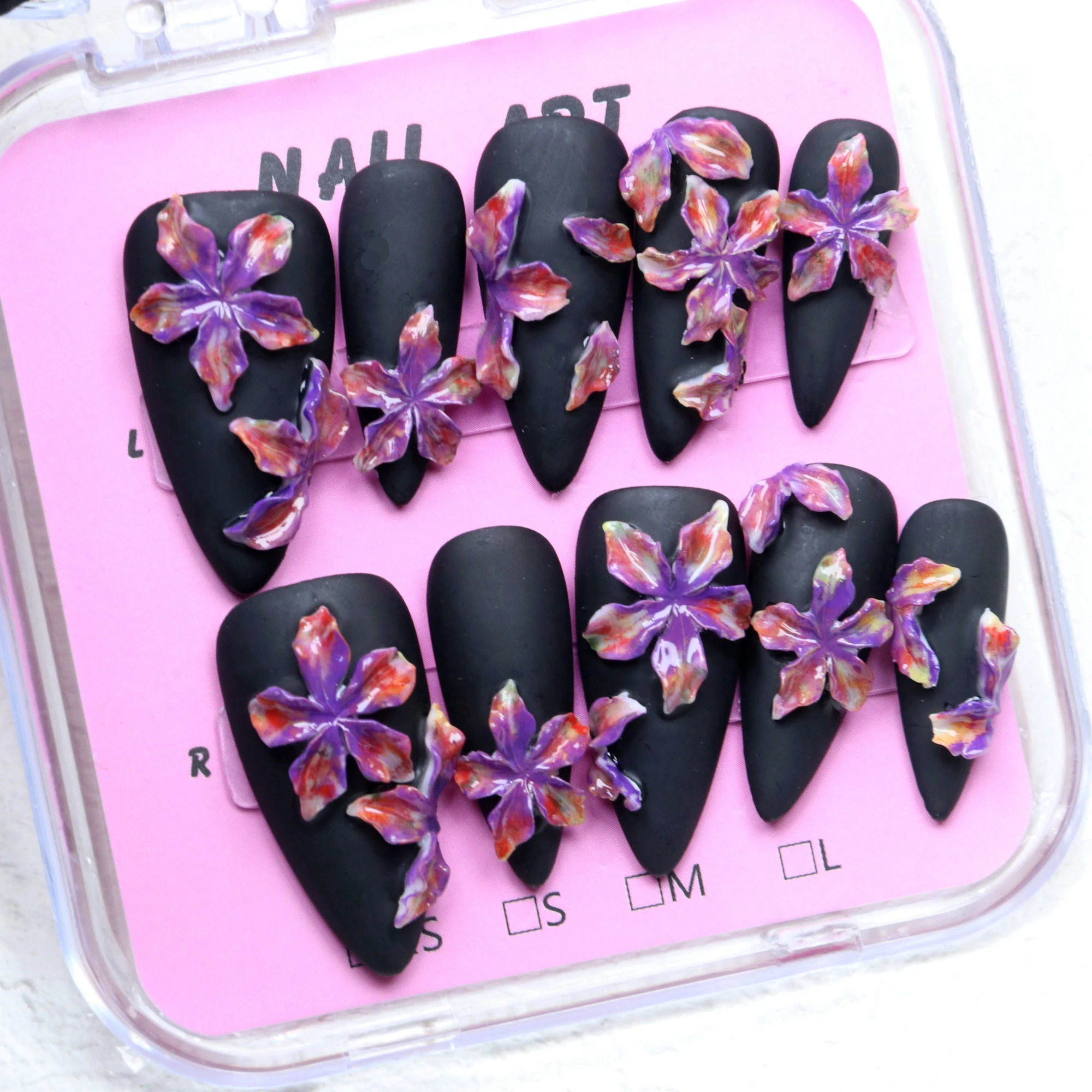 10Pcs Handmade Manicure Long Stiletto Fake Nails Unique 3D  beautiful Flowers Press On Nails Design with Adhesive Nail File Set