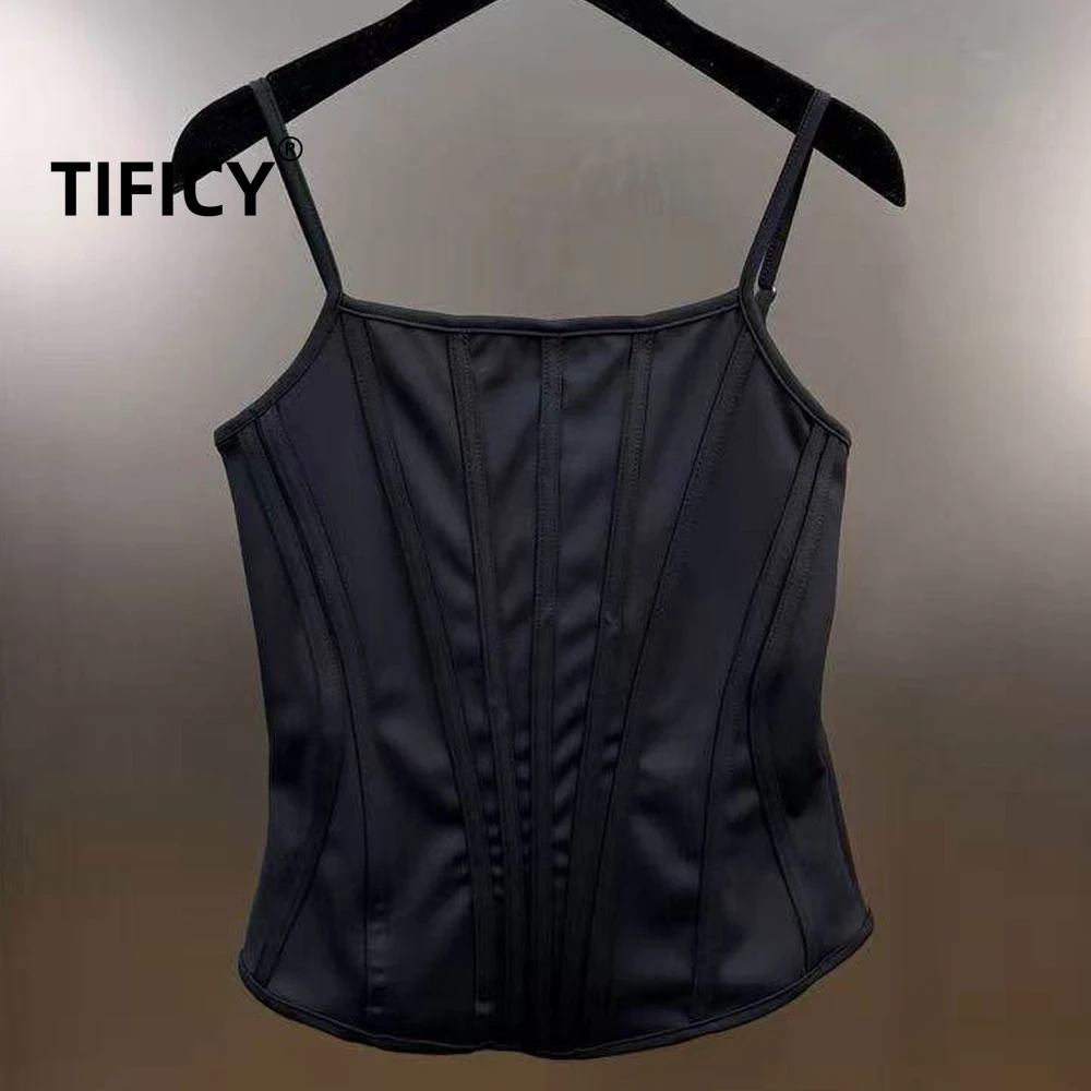 High Street Tanks Women's Spring and Summer Sexy Slim Fit Ins Wind Fish Bone Border Strip Waist Slimming Camisole Corset Top