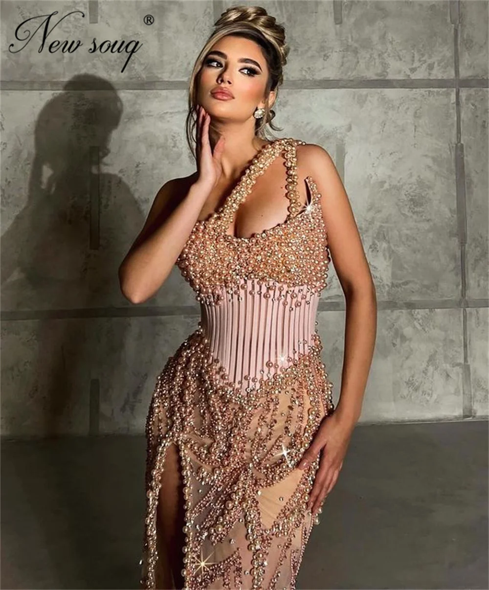 Blush Pink Pearls abiti da sera arabia saudita Secy High Split Side Women abiti da sera Cocktail Party Dress Vestidos De Gala