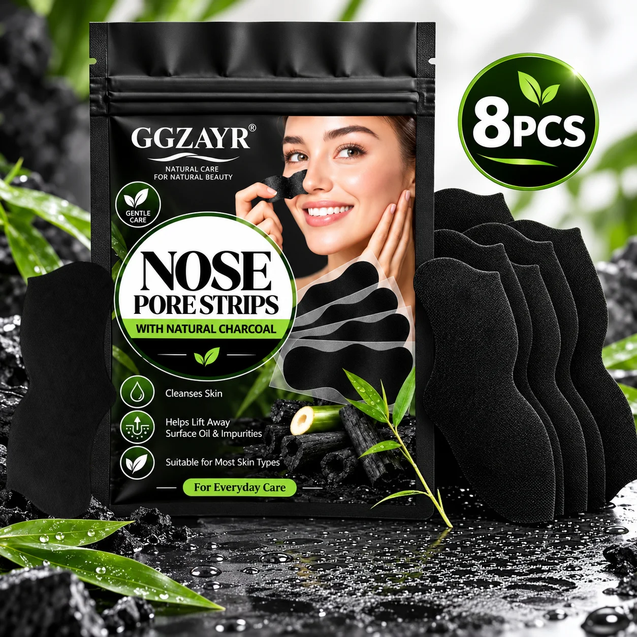 8PCS Charcoal Nose Pore Strips, Deep Cleansing Blackhead Nose Strips for Oil Control and Everyday Pore Care