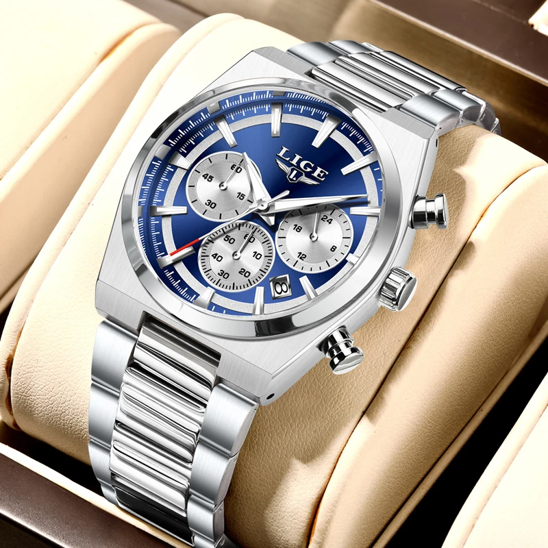 LIGE Original Fashion Men Clock Waterproof Luminous Chronograph Date Watch For Man Stainless Steel Quartz Men's Watches Male image 3
