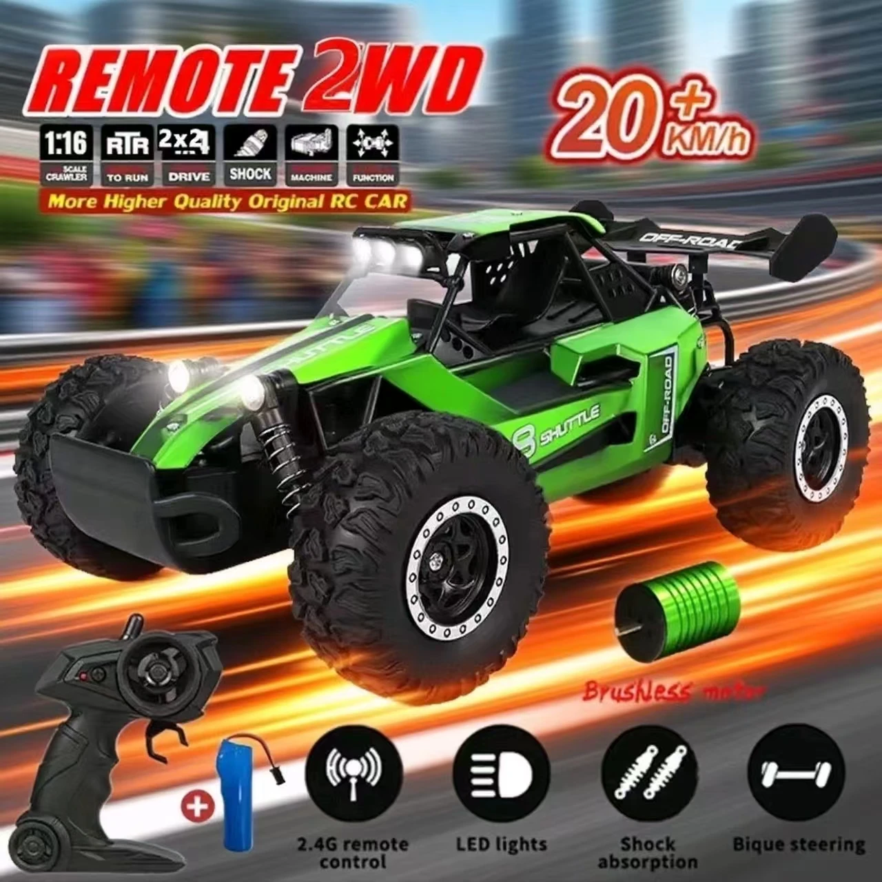 DK087 Coche de control remoto 2WD a escala 1:16, vehículo todoterreno RC de alta velocidad de 20 KM/H con luces LED, juguete de carreras de deriva para niños y adultos