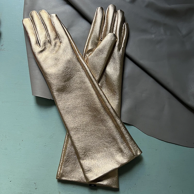 Gants en peau de mouton dorés pour femmes et hommes, longue section sur le coude, couleur vive, collocation de photos de défilés de mode, cuir