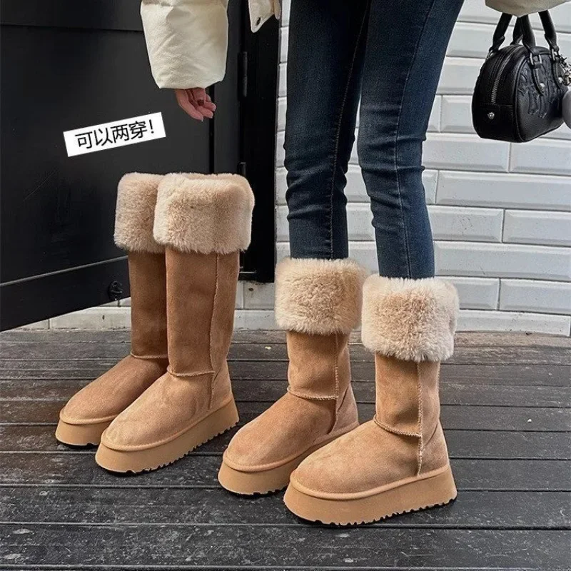 

Fashion Women's Knee-high Boots Cow Suede Leisure Platform Boot Winter High Top Cotton Boots for Women Plush Warm Fur Snow Botas