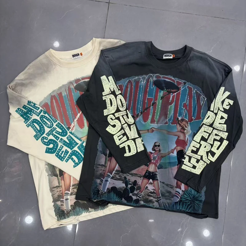 High Quality New Rough Play Long Sleeved Men's Women's Streetwear American Trend Brand Glitter Stamped Printed T-shirt Stock