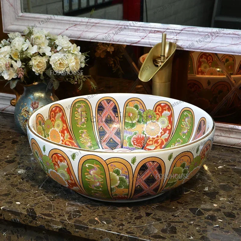 FG Luxury Hotel Bathroom Sinks European Ceramic Wash Basin Retro Round Single Basin Balcony Toilet Creative Hand Painted  Art Ba