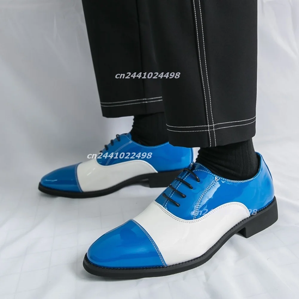 Two Tone Color Block Patent Faux Leather Men's Oxford Dress Shoes Lace Up Fashion  Party Wedding Gentleman Low Heel Footwear