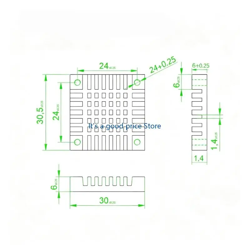 Aluminum Heat Sink Block for Low-Noise Device Cooling, Open Slot Cooling Base with Four-Hole Layout and 24 mm Hole Spacing