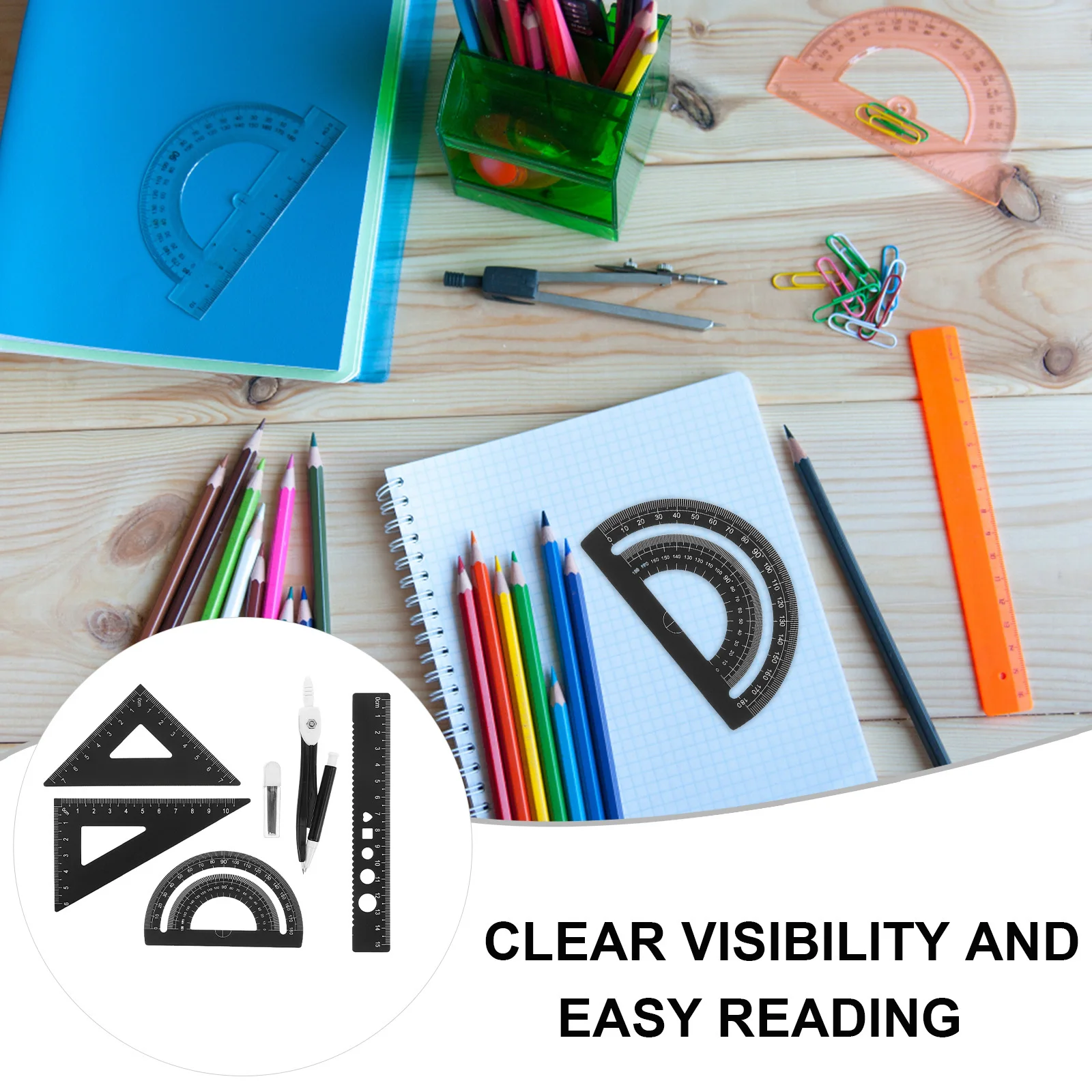 مجموعة واحدة من مسطرة سبائك الألومنيوم بوصلة سوداء مثلثة متعددة الزوايا أدوات رسم دقيقة لطلاب المهندسين المعماريين