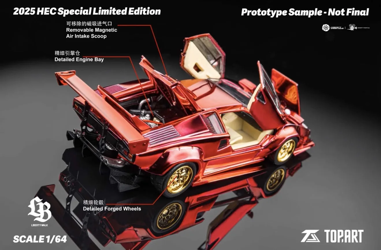 Top.Art 1:64 LBWK Countach كروم أحمر كامل مفتوح HEC 2025 إصدار محدود نموذج سيارة Diecast #2