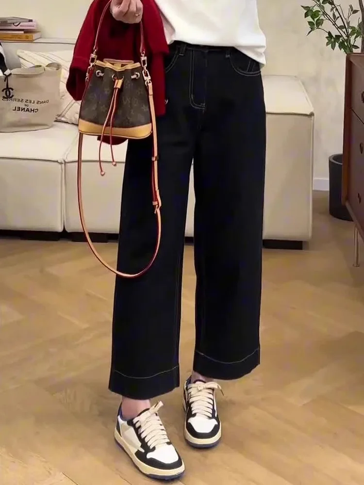 جينز نسائي عالي الخصر مستقيم الساق من قماش الدنيم مقاس كبير سروال مخفي Mea Pear Ape للتخسيس واسع الساق تسع نقاط #5