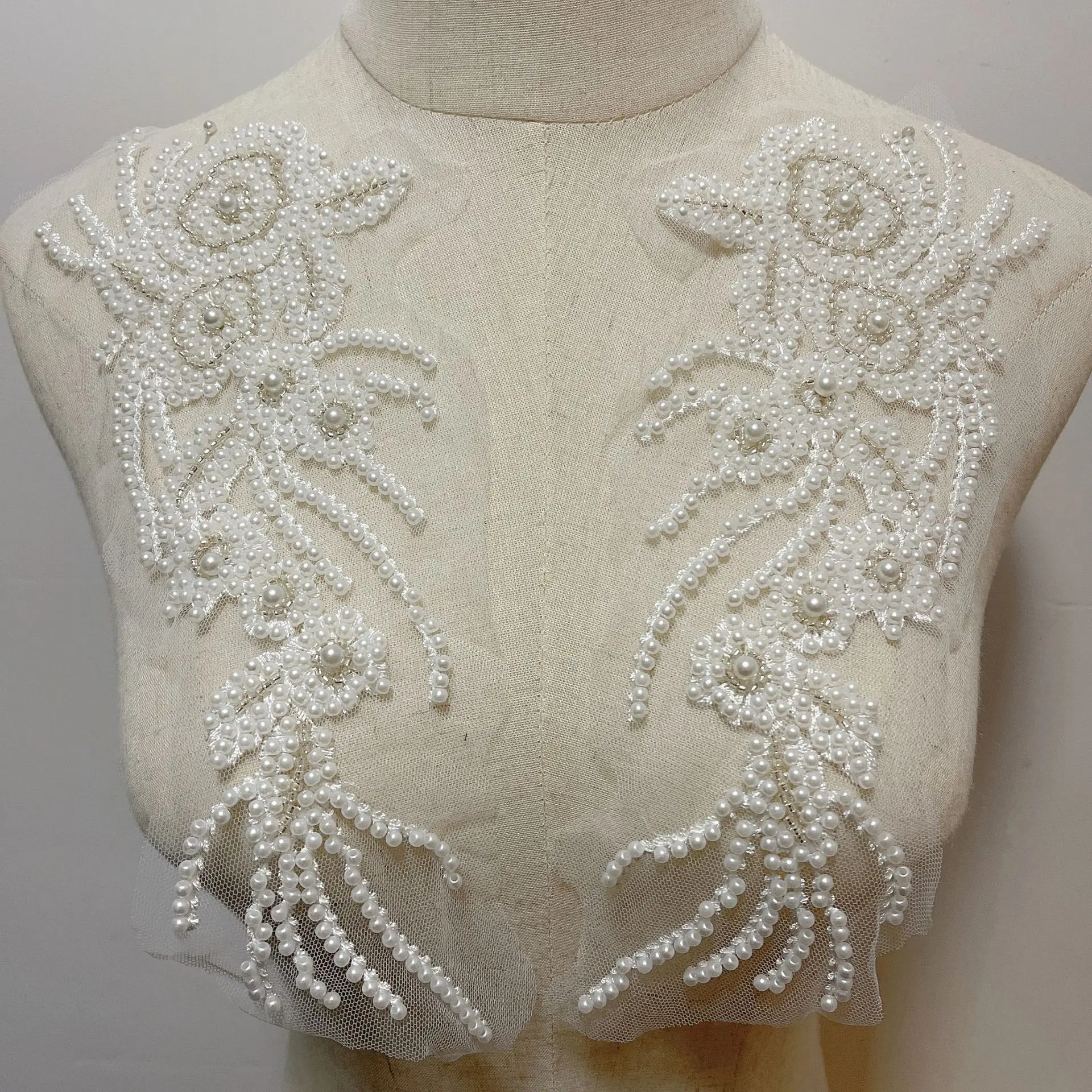 ベージュパール刺繍ビーズスパンコールレース生地diyクラフト装飾アクセント衣類衣料品アクセサリー用