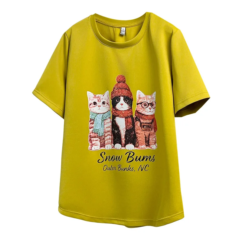 

2026 Summer Plus Size Cute Cat Print T-Shirt Women Casual Loose Crew Neck Short Sleeve Tee 2666