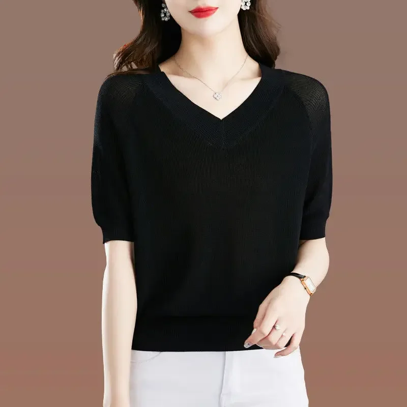 Summer New Ice Silk V-Neck Short Sleeved T-shirt Women's Solid Patchwork Korean Fashion Casual Trend Loose Age Reducing Thin Top