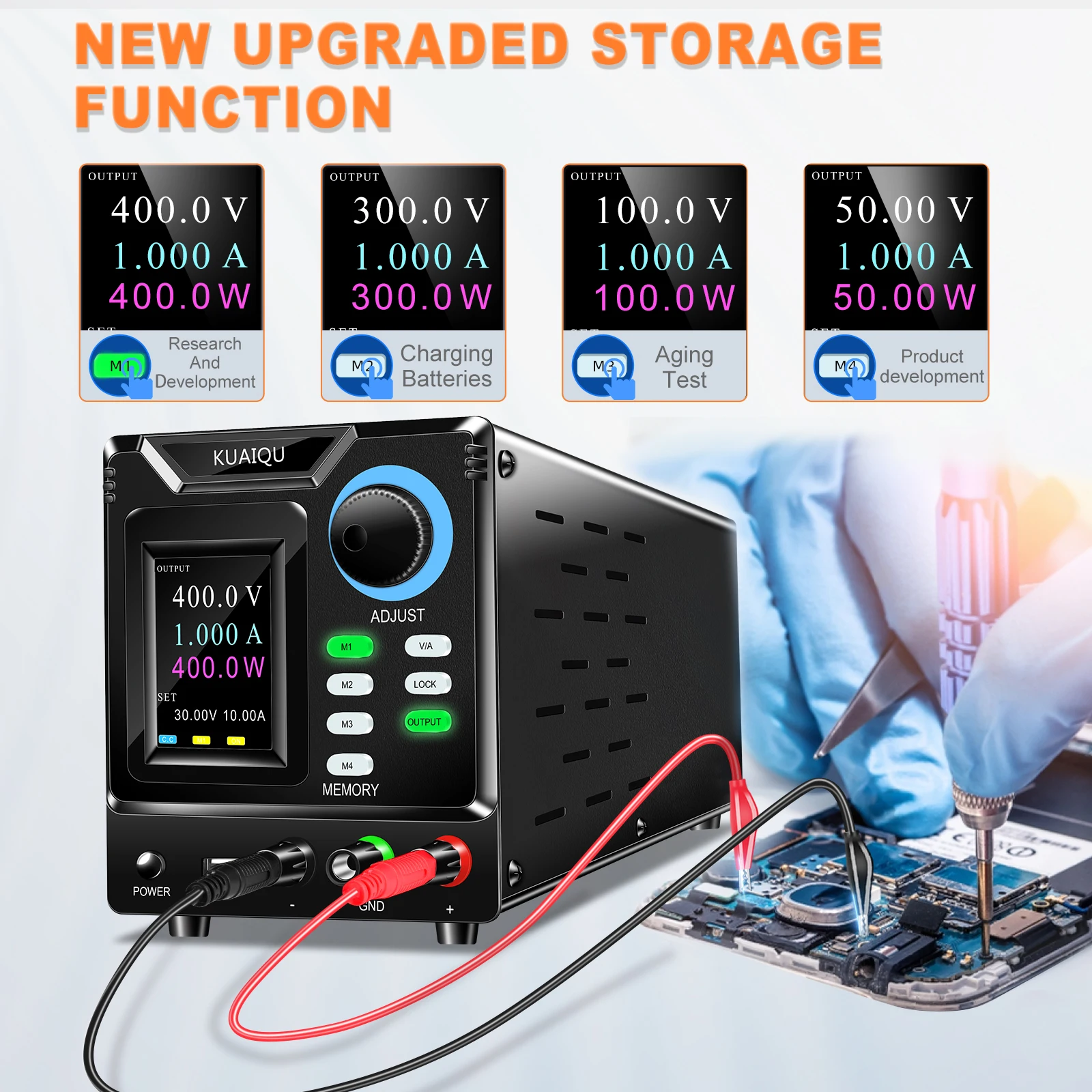 KUAIQU 1000V 1A RS232/USB Programmable DC Power Supply 300V 400V 600V 800V Adjustable 4-Memory OUTPUT LOCK Lab Bench Source