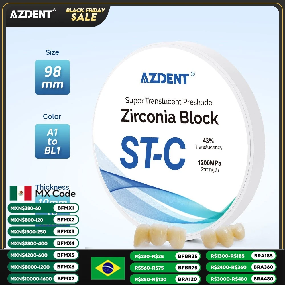 AZDENT Dental Zirconia Block Super Translucent White / Pre-Shade A1-BL4 Dental Lab Material for Crown Inlay Bridge Implant