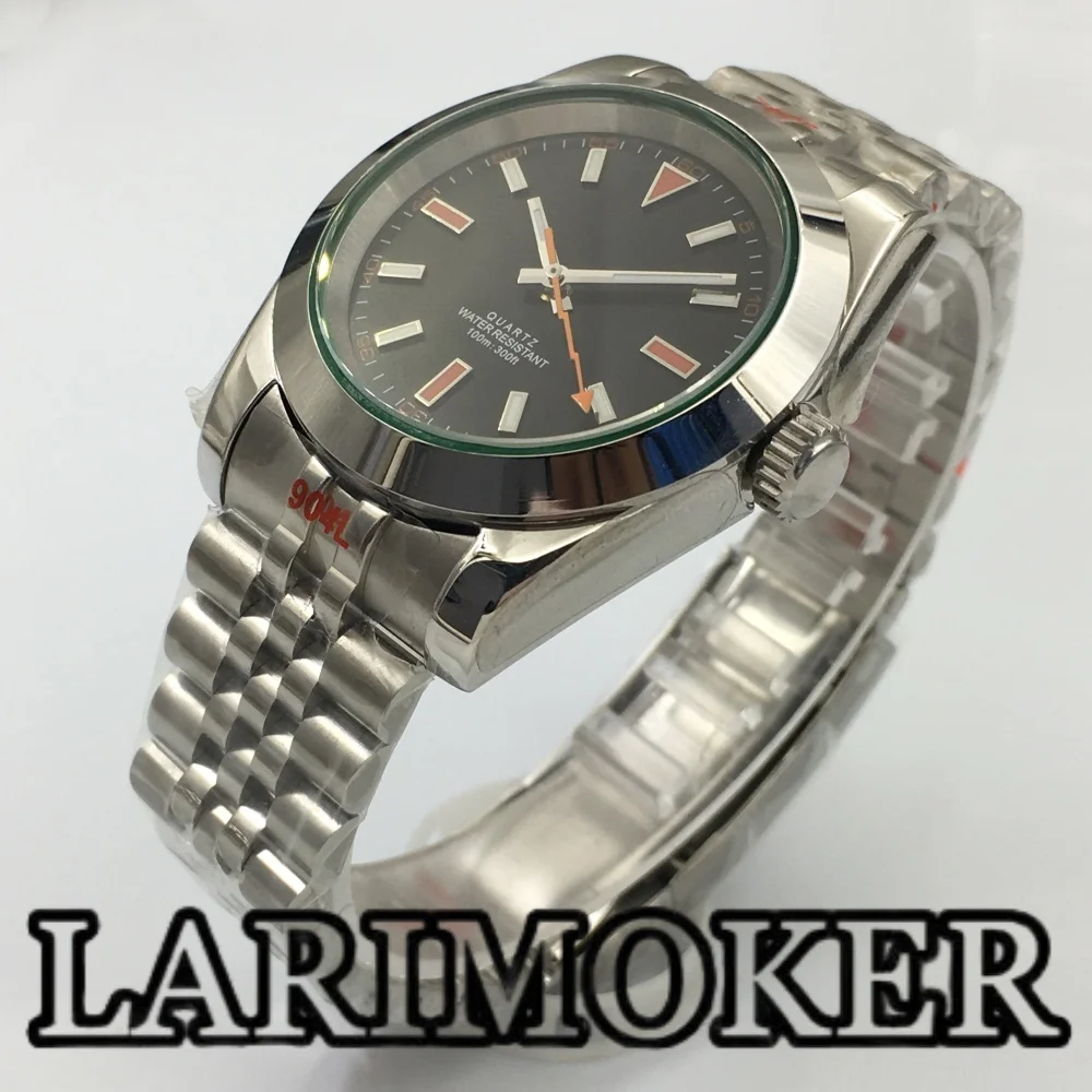 LARIMOKER 36mm/39mm Ronda515-12h Polished Men's Quartz Watch Green Sapphire Glass Black White Dial Lightning Hand Steel Bracelet