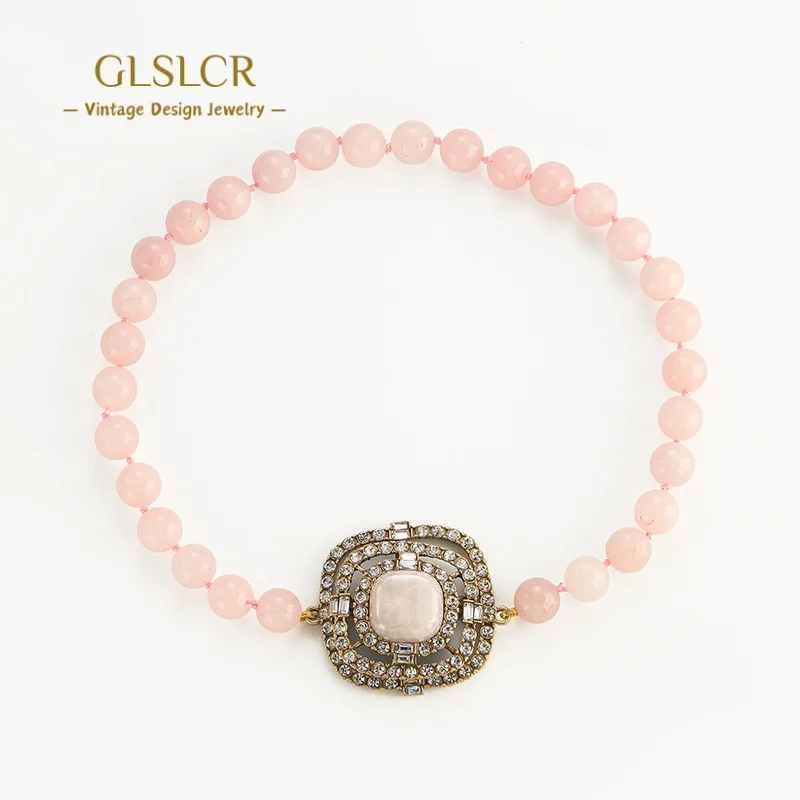 

Vintage Pink Rose Quartz Beaded Necklace For Women Square Rhinestone Pendant Luxury Designer Jewelry Charms Birthday Daily Wear