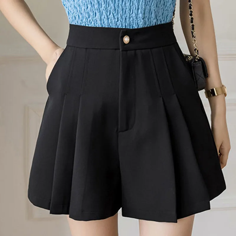 summer appear thin pleated shorts female casual solid color elastic waist A-line short women korean fashion loose button short