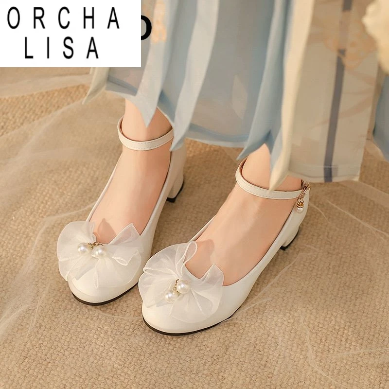 

ORCHA LISA Туфли-лодочки в стиле Лолиты для девочек 33 Круглый носок на блочном каблуке 4 см с пряжкой и ремешком и бантом Большой размер 42 43 Милое платье для свиданий Туфли принцессы