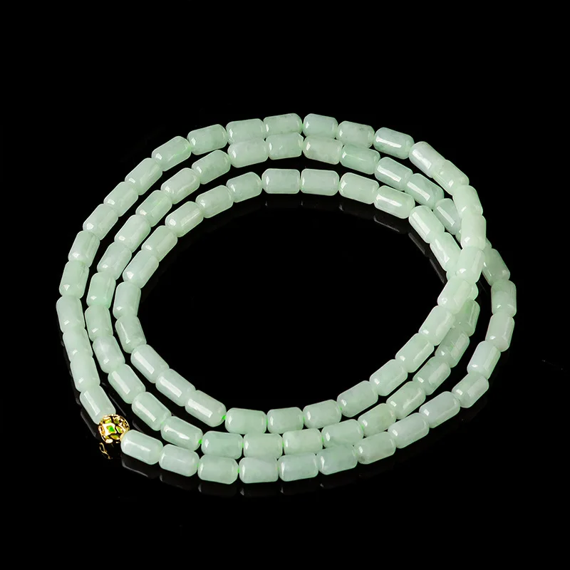 Natural Myanmar Jade Light Green Barrel Bead Necklace Sticky Seed Jadeite Sweater Chain Women's Jewelry Three Ring Bracelet 65cm